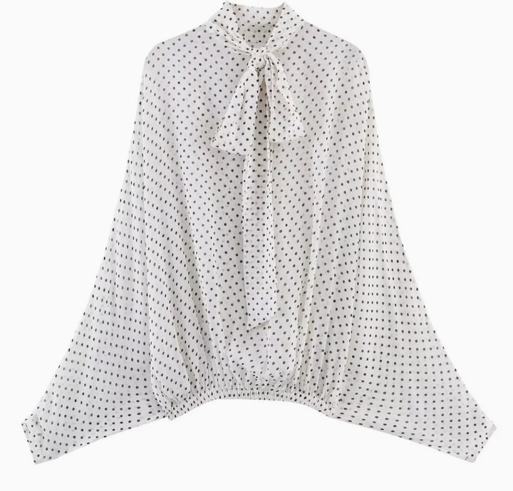 Damen 100+ oversized Pünktchenbluse mit Fledermausärmeln, Stehkragen und elastischem Saum Drune