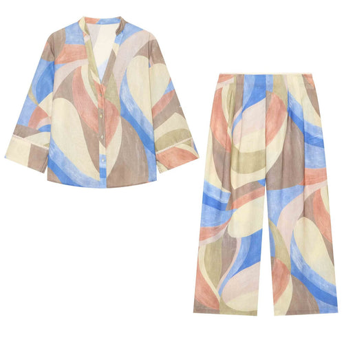 Damen Weite High‑Waist Leinenmix‑Hose mit abstraktem Aquarellprint Drune