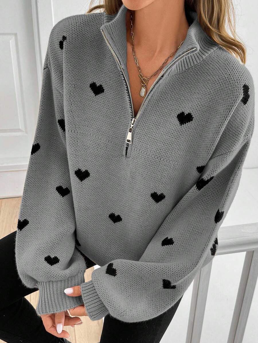 Damen Oversize Strickpullover mit Half-Zip und Herzmotiv Drune