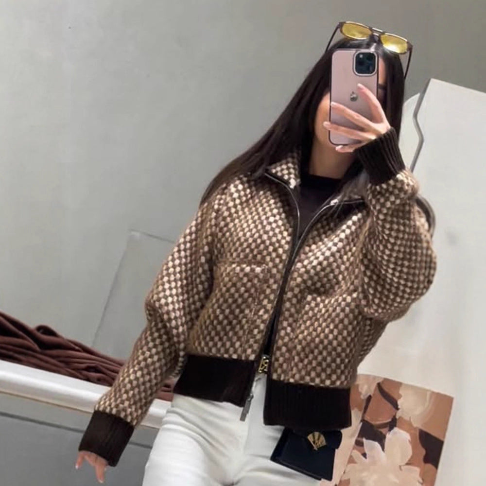 Damen Kurzgeschnittener Strick-Zipcardigan mit Kapuze und Strukturmuster Drune