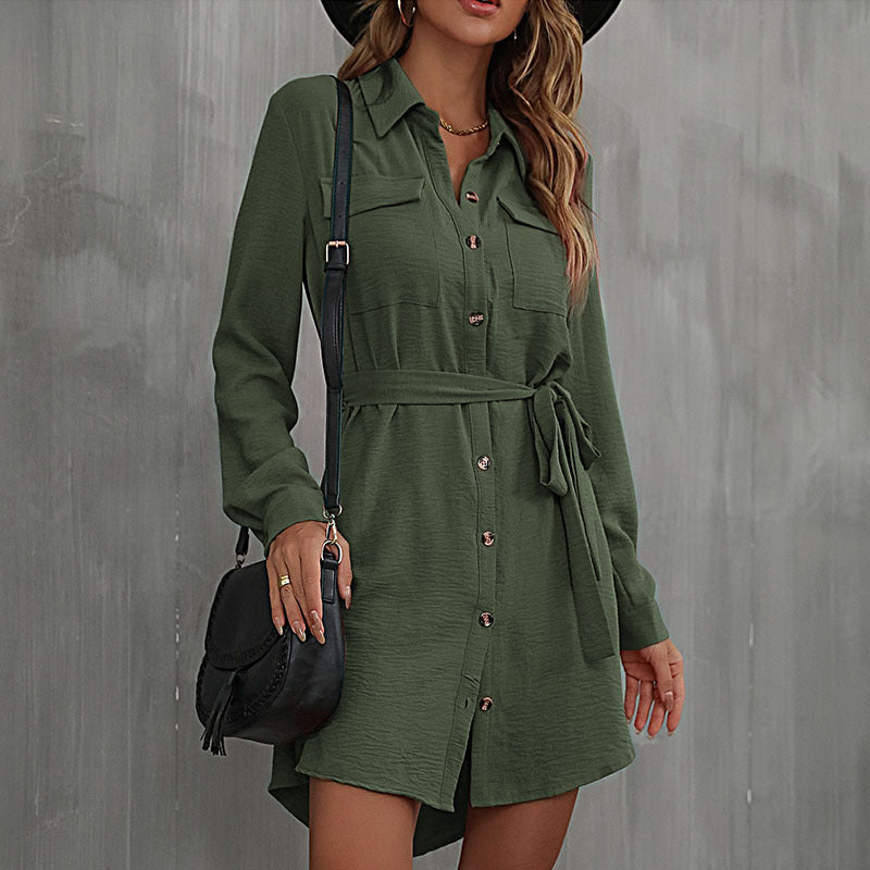 Damen Knielanges Hemdblusenkleid mit Taillengürtel Drune