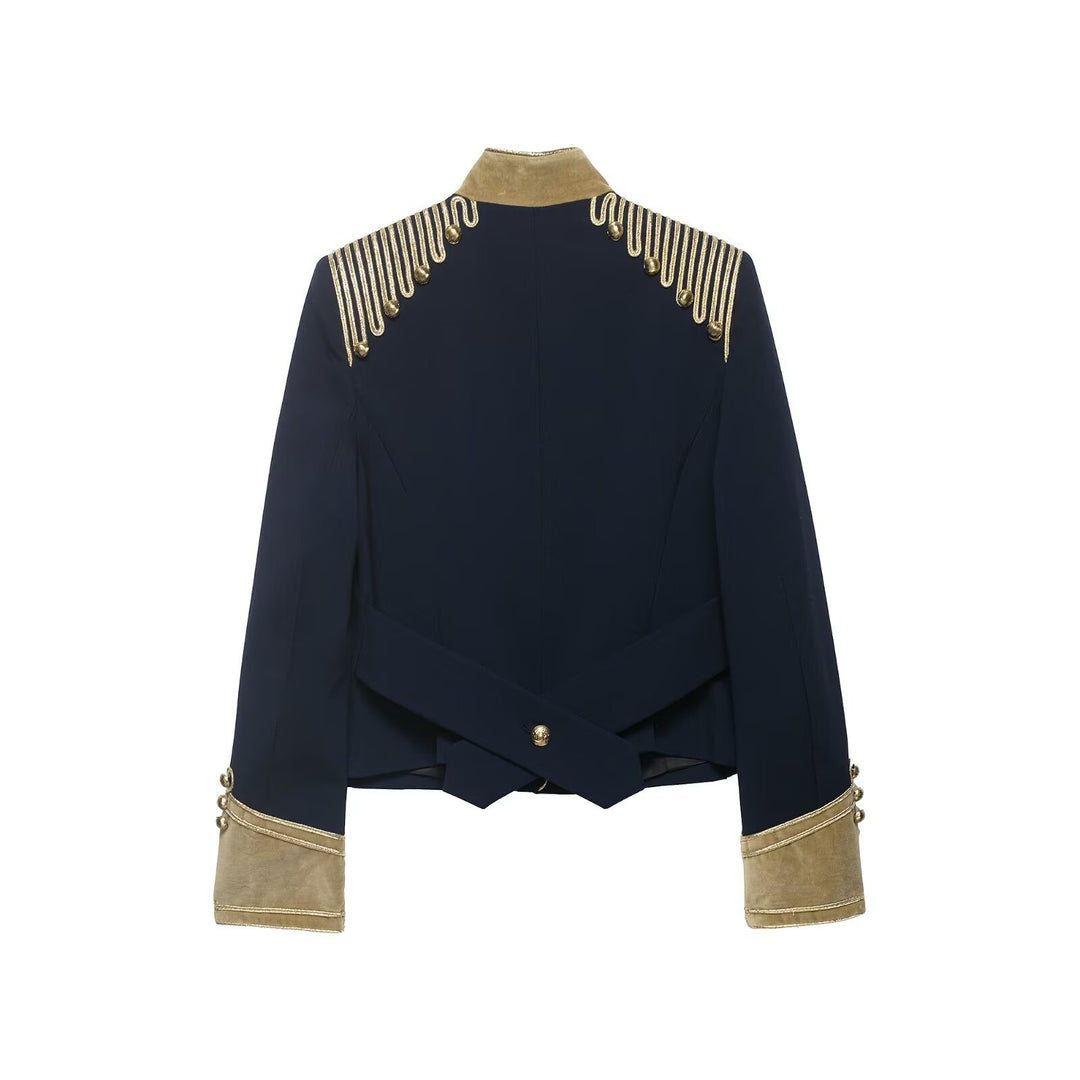 Damen Cropped Militärjacke im Parade‑Look mit goldener Kordelverzierung und Samtmanschetten Drune