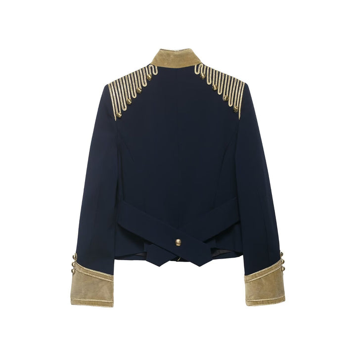 Damen Cropped Militärjacke im Parade‑Look mit goldener Kordelverzierung und Samtmanschetten Drune
