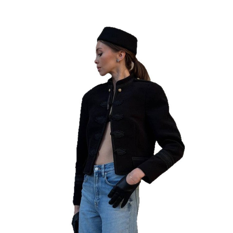 Damen Kurzjacke im Matrosen-Militärstil mit Stehkragen und Kordelverzierung Drune