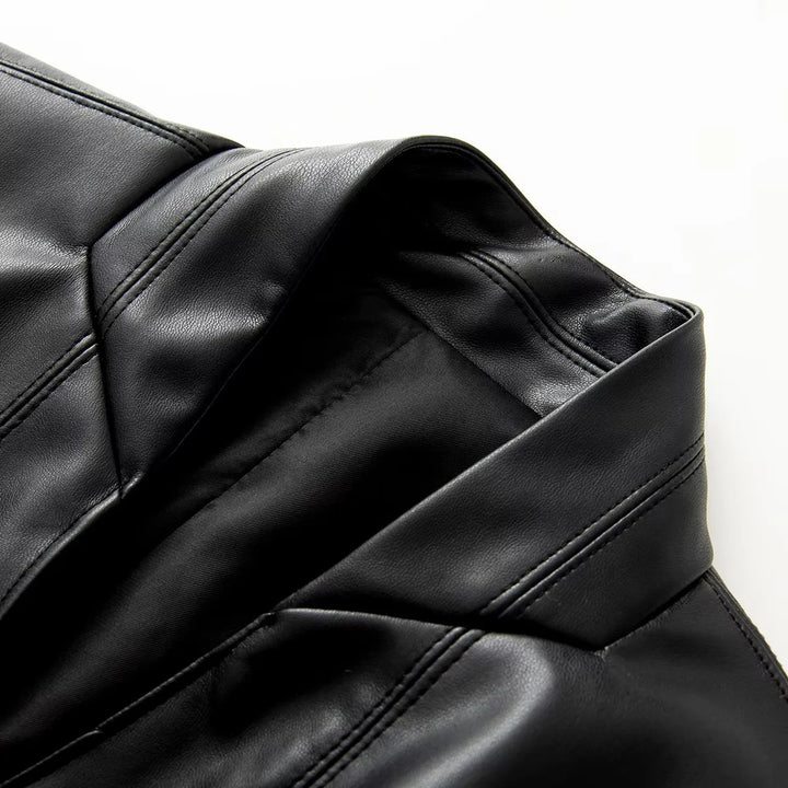 Damen nan taillierter veganer Lederimitat-Mantelblazer mit Schalkragen, Zierknopfgürtel und Einschubtaschen Drune