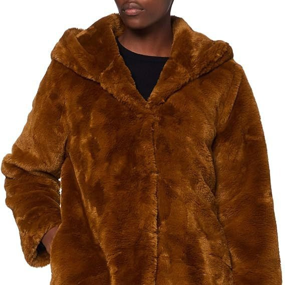 Damen Midilanger Kunstpelzmantel mit Kapuze, Teddy-Finish und verdeckter Knopfleiste Drune