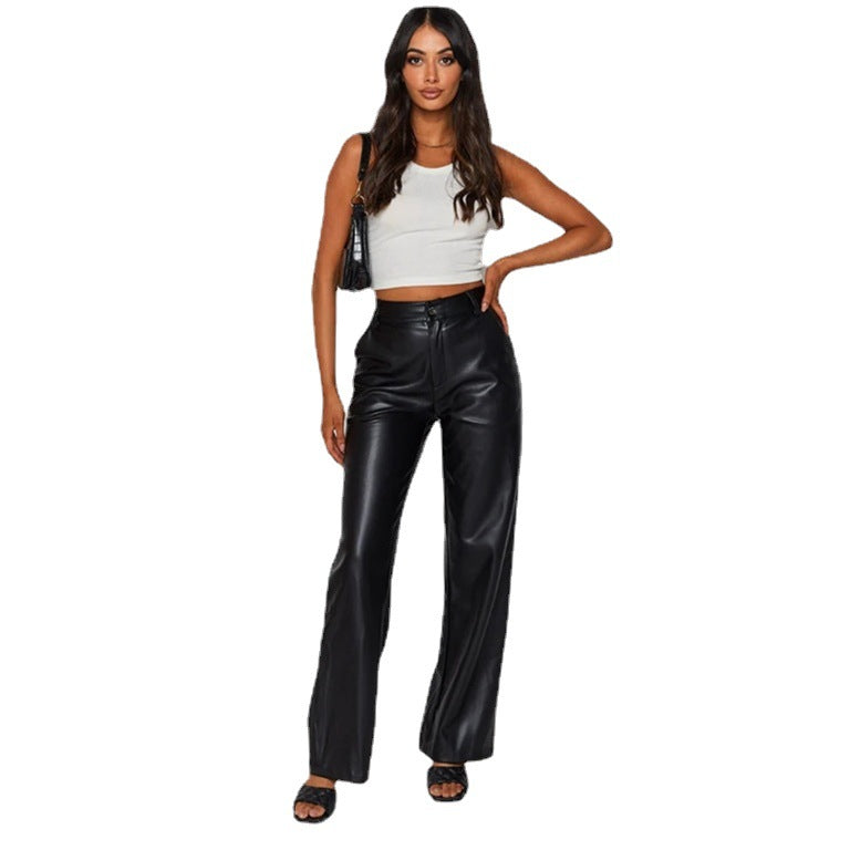 Damen Modische Kunstlederhose mit weitem Bein und eleganter Passform Drune
