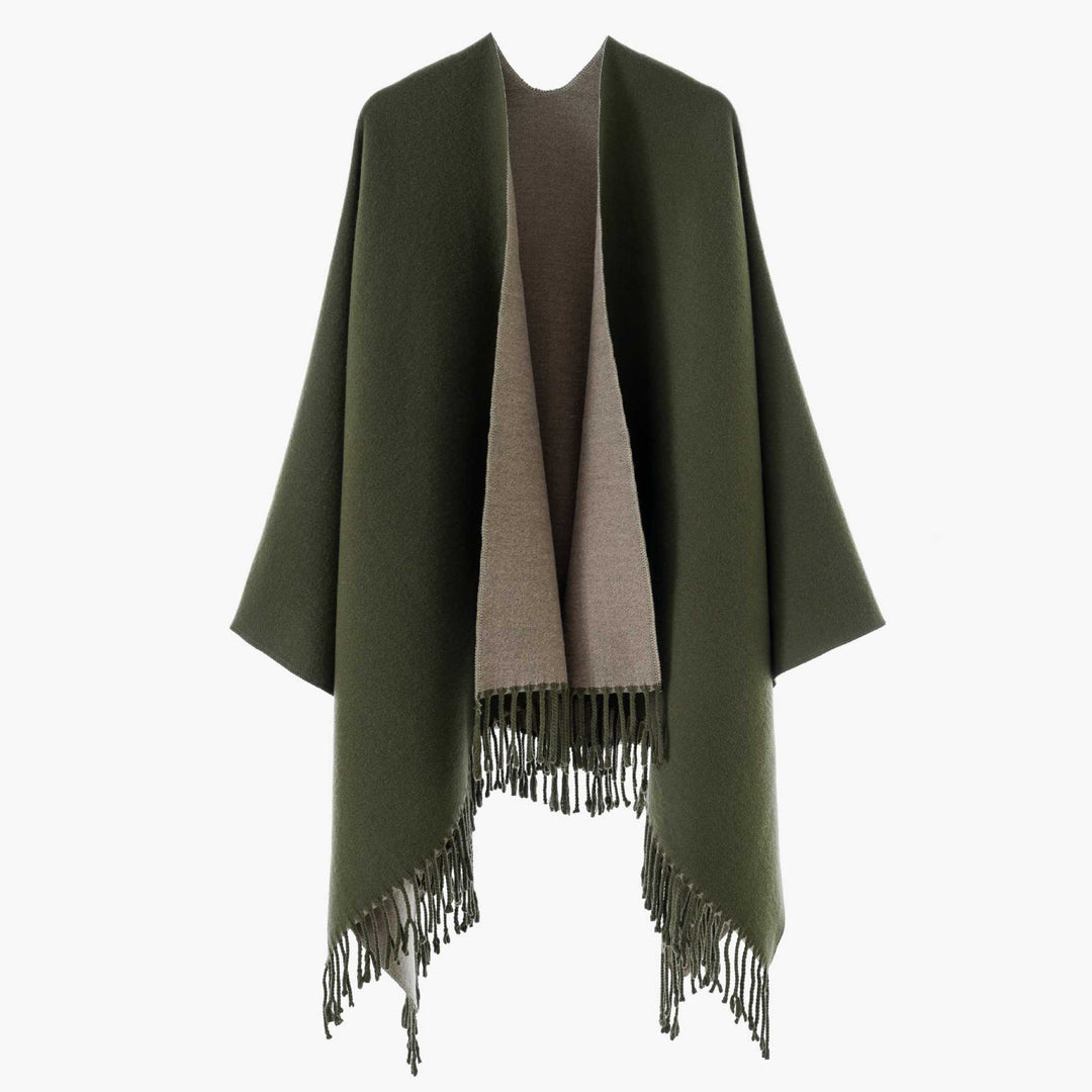 Damen Edler Umlegeponcho mit Reversoptik und Fransenabschluss Drune