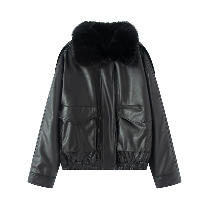 Damen nan taillierter Kunstleder-Blouson mit voluminösem Kunstfellkragen und aufgesetzten Pattentaschen Drune