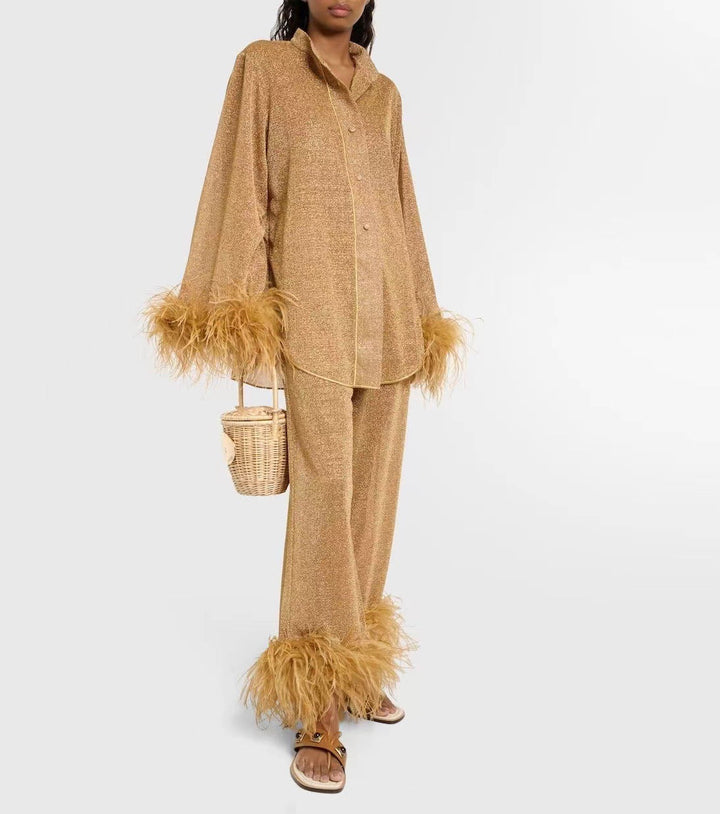 Drune | Herbst Winter Feder Stehkragen Langarmoberteil und Hosen Set