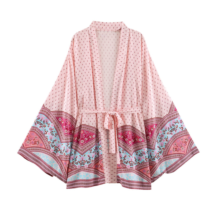 Damen Kimono-Wickelrobe im Boho-Print mit weitem Ärmeln Drune