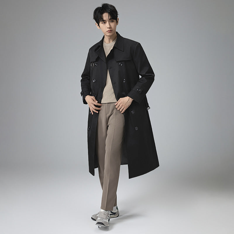 Herren Moderner Tech-Trenchcoat mit Doppelreihiger Knopfleiste, Bindegürtel und dezenten Ringdetails Drune