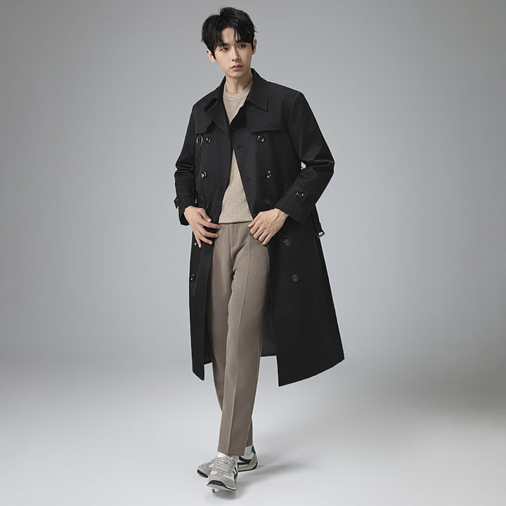 Herren Moderner Tech-Trenchcoat mit Doppelreihiger Knopfleiste, Bindegürtel und dezenten Ringdetails Drune