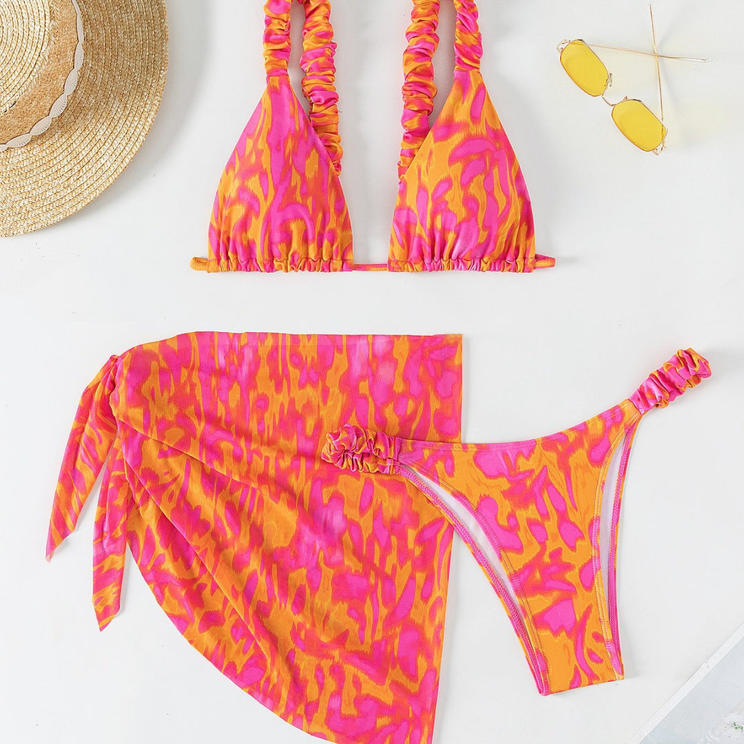 Damen Triangel-Bikini-Set mit Rüschendetails und trendiger Wickel-Tunika Drune