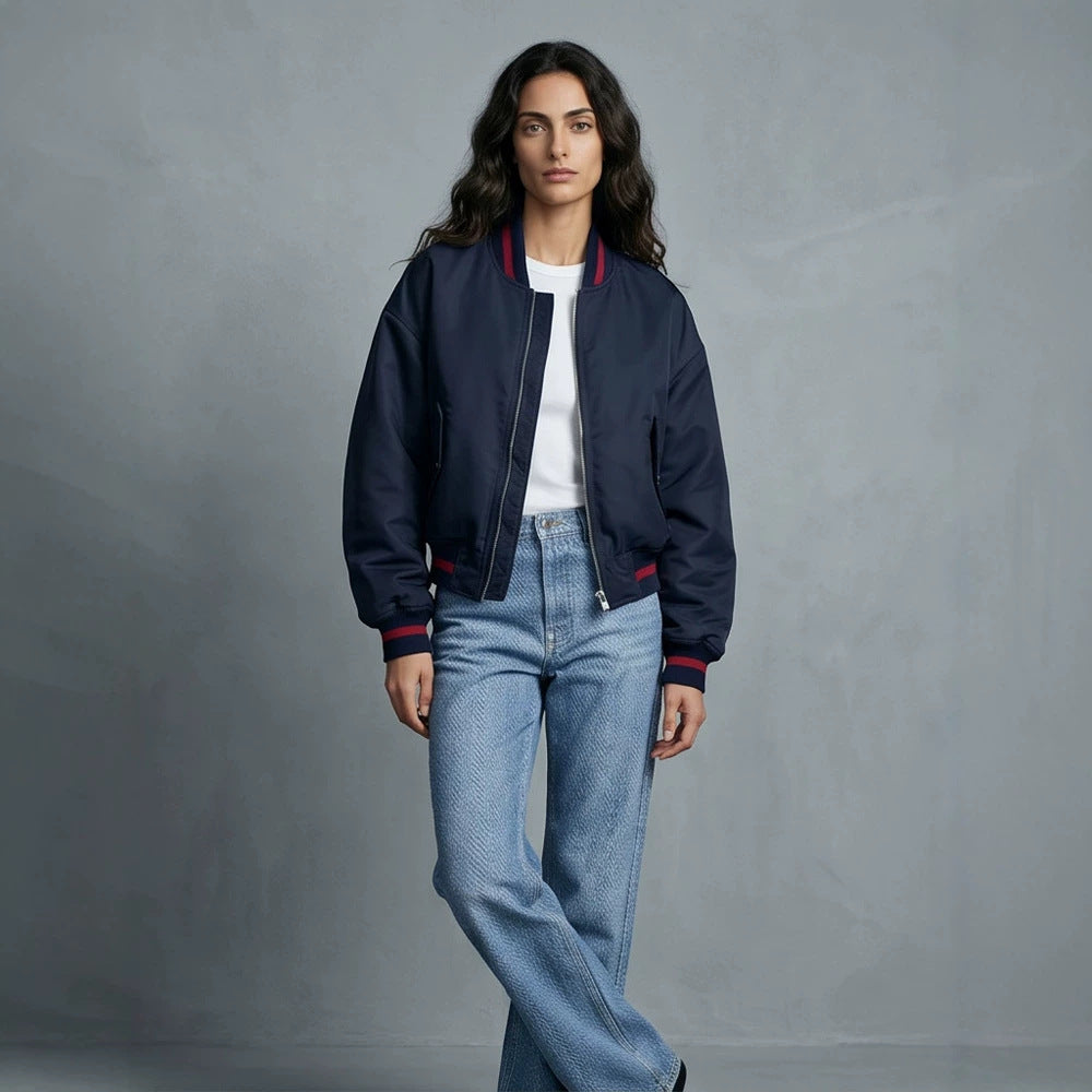 Damen Kurz geschnittene Oversize Bomberjacke mit voluminösen Ärmeln und Rippenbündchen Drune