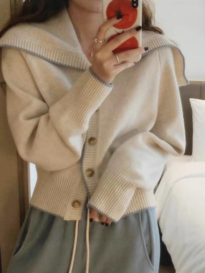 Damen Strickcardigan mit übergroßem Matrosenkragen und kontrastkante Drune