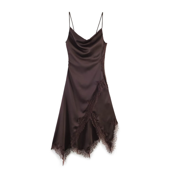 Damen edles Spaghetti-Trägerkleid mit zarter Spitze und fließendem Satin Drune