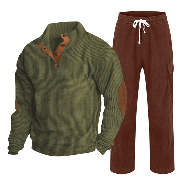 Herren Gemütliches Freizeit-Set aus Waffelstrick-Henley mit Ellenbogenpatch und Relax-Cargo-Hose Drune
