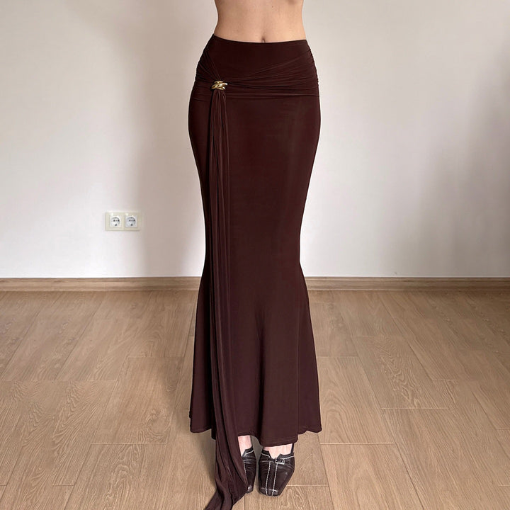 Damen Maxirock mit High‑Waist Wickeldetail, Drapée‑Vorderteil und Metallring Drune