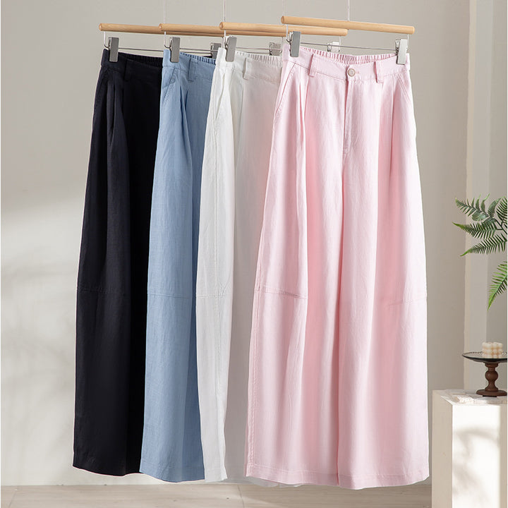 Damen weite Leinenoptik-Hose mit hoher Taille, Bügelfalte und elastischem Rückenteil Drune