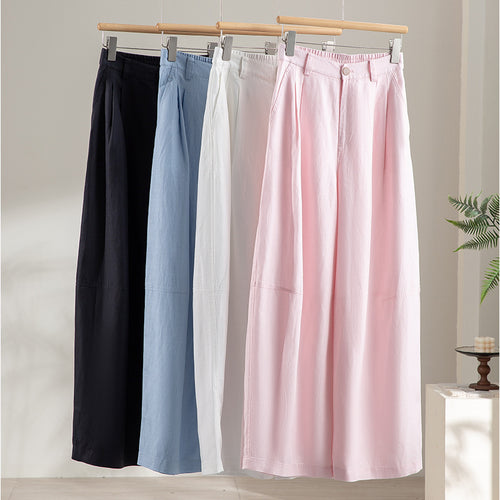 Damen weite Leinenoptik-Hose mit hoher Taille, Bügelfalte und elastischem Rückenteil Drune
