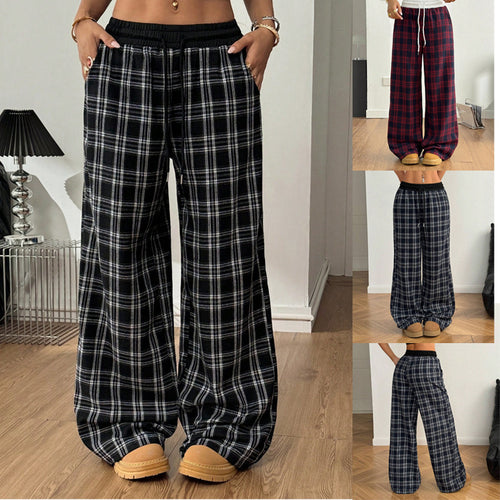 Damen weite karierte Lounge-Hose mit hohem Gummibund und Kordelzug Drune