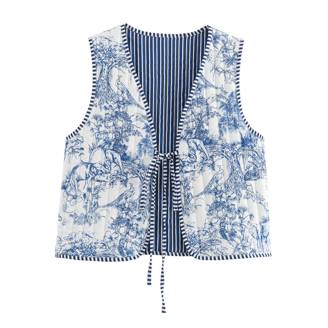 Damen Gesteppte Weste mit Toile‑Print, gestreifter Innenverarbeitung und Kordelbindung Drune