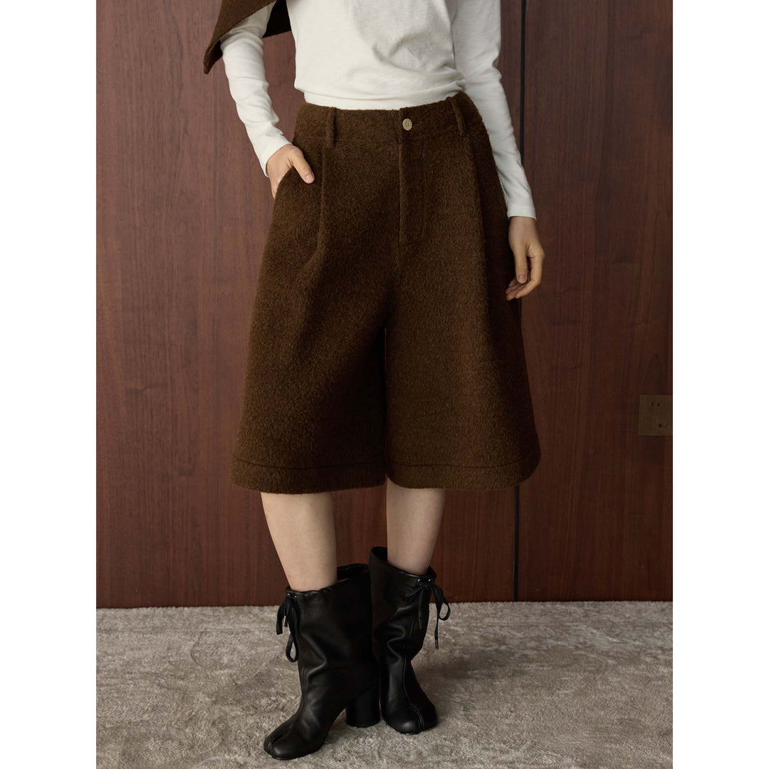 Damen Hochtaillierte Wollbouclé Bermuda-Shorts mit Bundfalte und Eingrifftaschen Drune