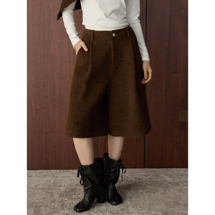 Damen Hochtaillierte Wollbouclé Bermuda-Shorts mit Bundfalte und Eingrifftaschen Drune
