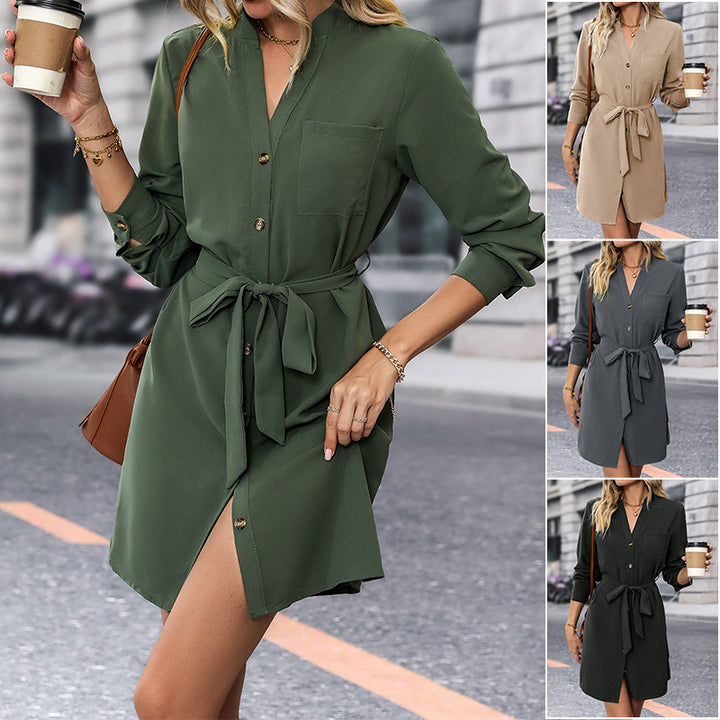 Damen Hemdblusenkleid mit Bindegürtel, V-Ausschnitt und Manschetten Drune