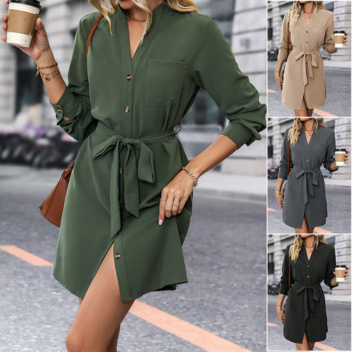 Damen Hemdblusenkleid mit Bindegürtel, V-Ausschnitt und Manschetten Drune