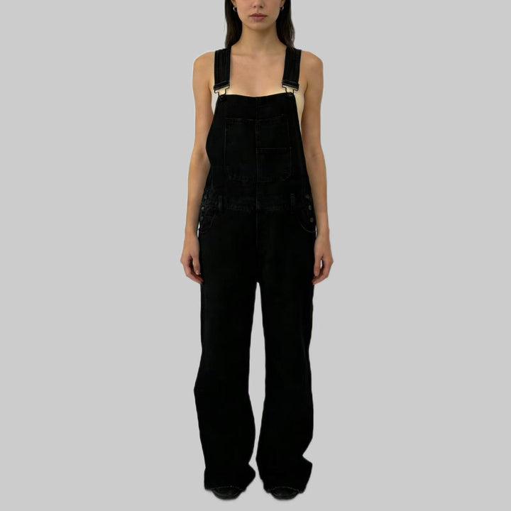 Damen nan weiche Denim-Latzhose mit weitem Bein, verstellbaren Trägern und Pattentasche Drune