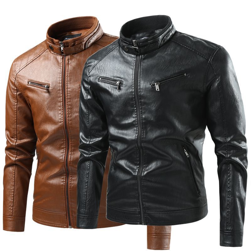 Herren Moderne Kunstlederjacke mit Stehkragen und Reißverschlusstaschen Drune