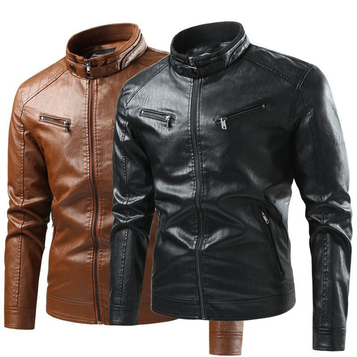 Herren Moderne Kunstlederjacke mit Stehkragen und Reißverschlusstaschen Drune