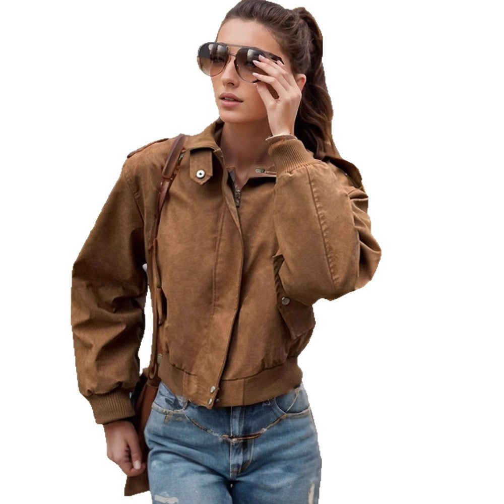 Damen Kurz geschnittene Bomberjacke aus Velourslederoptik mit Rippbündchen Drune