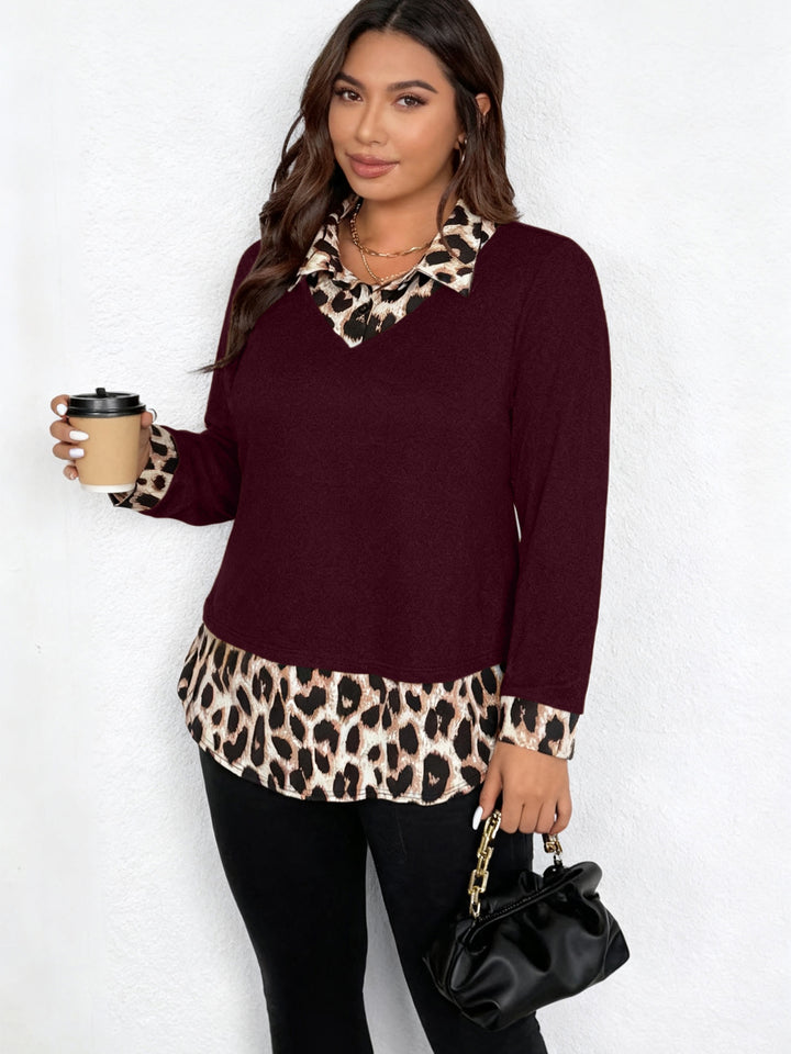 Damen Lagenlook-Pullover mit V-Ausschnitt und Leoprint-Blusen-Einsatz Drune