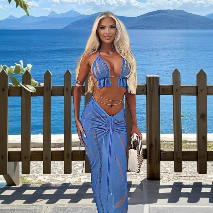 Damen Transparente Strandkleid Kombination mit Rüschen und Bindebändern Drune