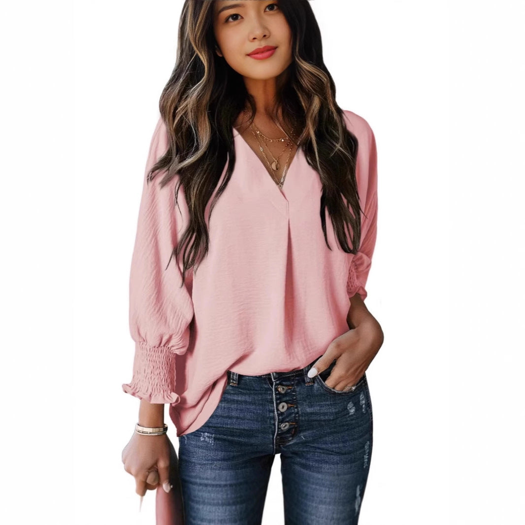 Damen V-Ausschnitt Bluse mit elastischen Ärmelbünden Drune