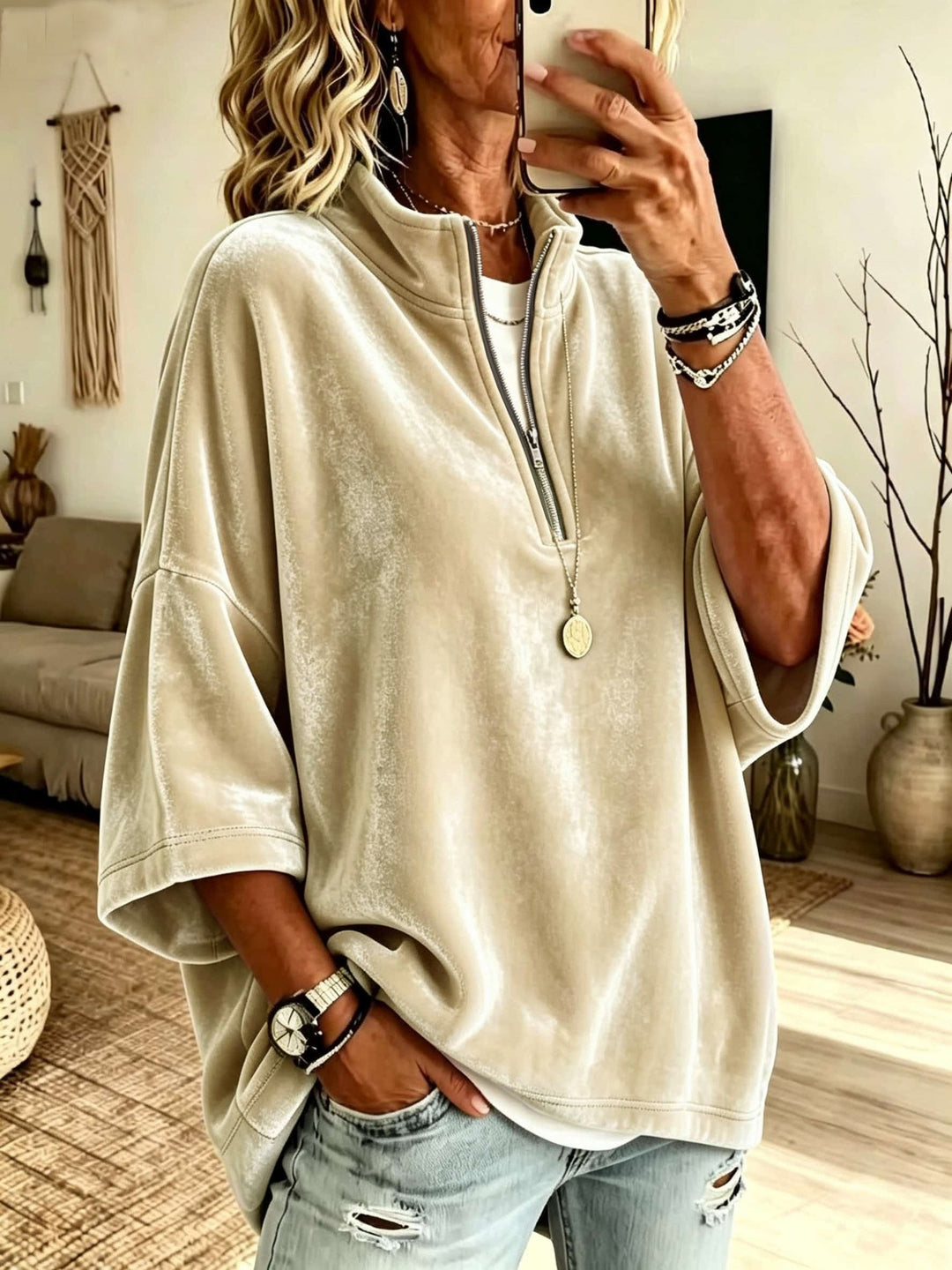 Damen Oversize Samt-Pullover mit kurzem Reißverschluss und Stehkragen Drune