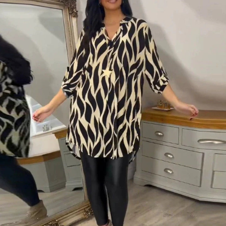 Damen nan oversized Tunika-Bluse mit organischem Blattprint, V-Ausschnitt, halber Knopfleiste und gerundetem Saum Drune