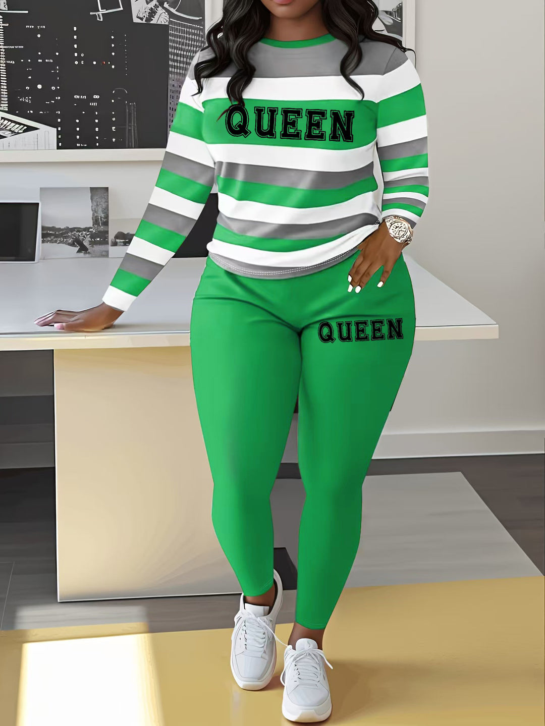Damen Sportliches Zweiteiler-Set mit gestreiftem Oberteil und leggings Drune
