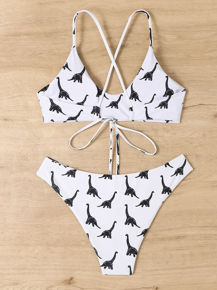 Damen Triangel-Bikini mit verspieltem Dinosaurier-Muster und verstellbaren Trägern Drune