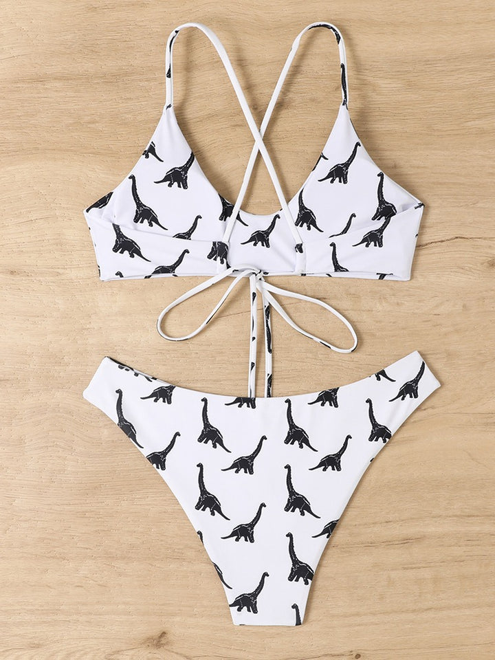 Damen Triangel-Bikini mit verspieltem Dinosaurier-Muster und verstellbaren Trägern Drune
