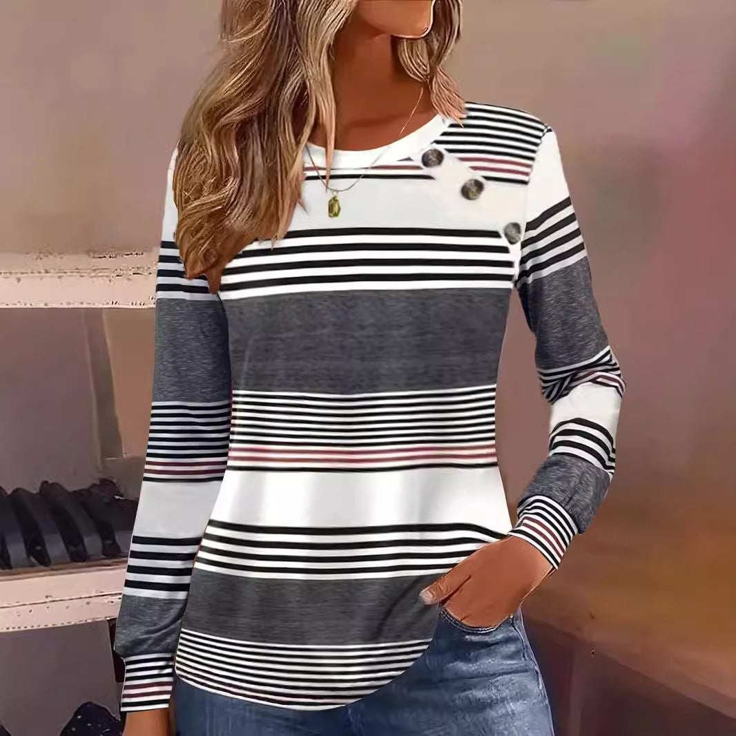 Damen Langarmshirt mit maritimem Streifenmuster und dekorativen Knopfdetails Drune