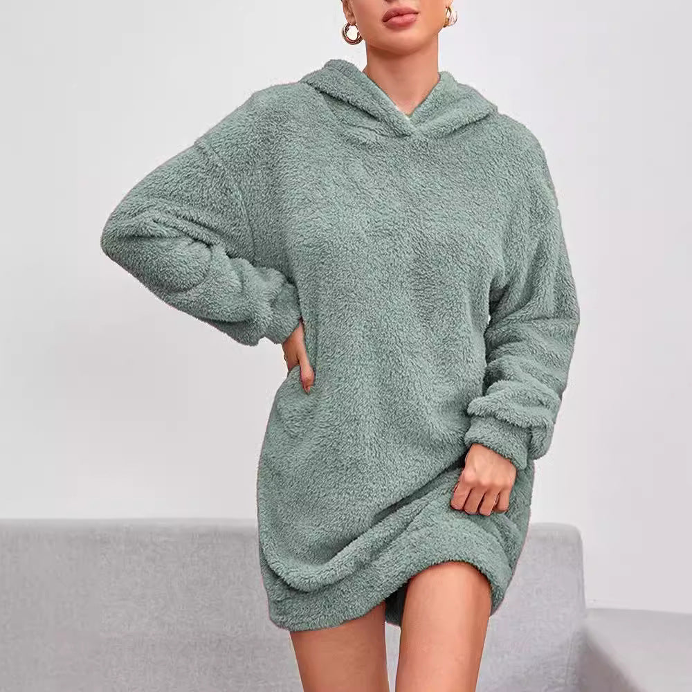 Damen Flauschiger Hoodie-Kleid mit Kapuze und praktischen Taschen Drune