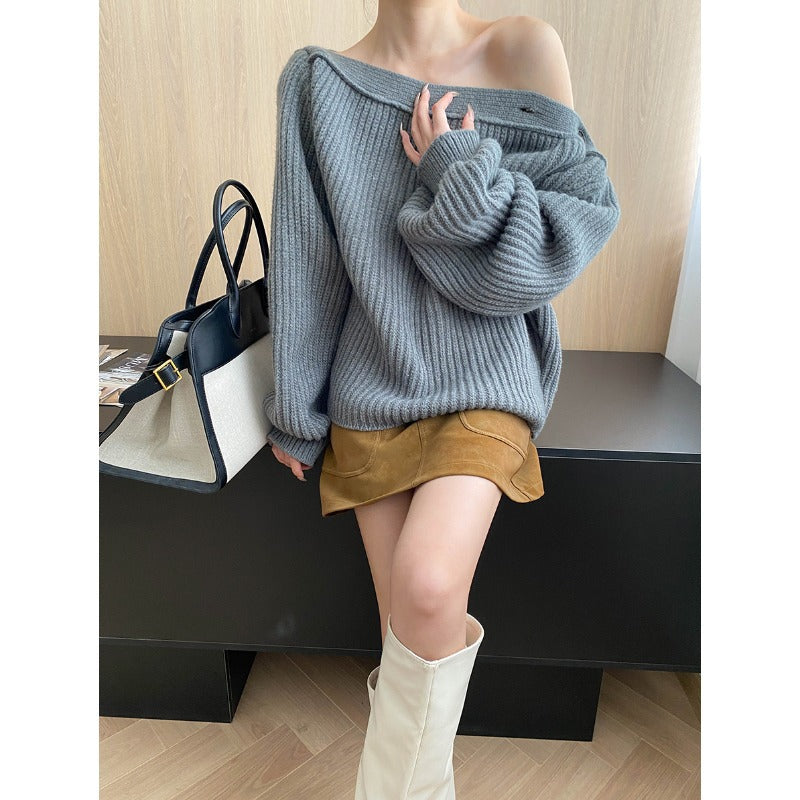 Damen gemütlicher Strickpullover mit elegantem Überhang Drune