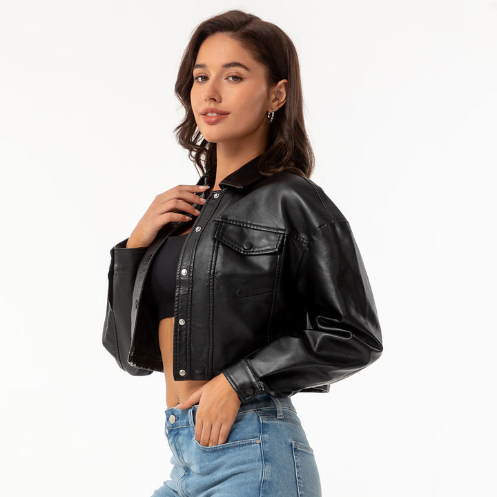 Damen nan kurze Lederjacke im Trucker-Stil mit kastiger Cropped-Passform Drune