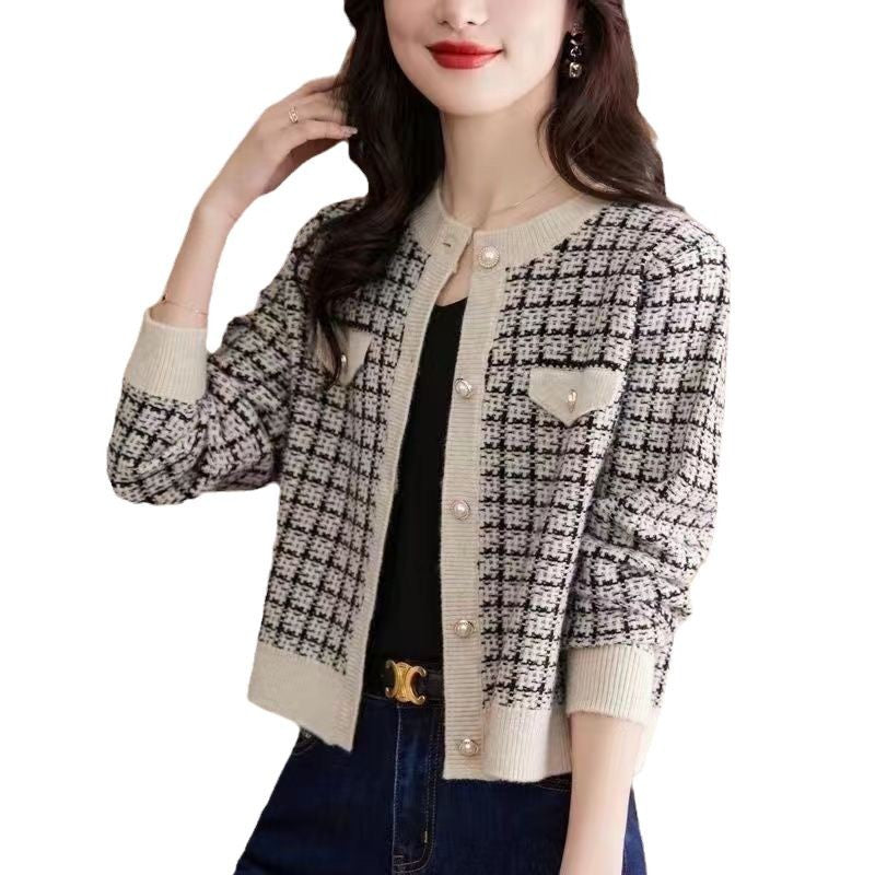 Damen klassische Strickjacke mit modischem Karomuster Drune