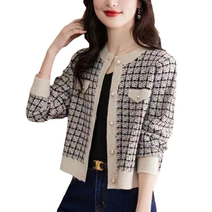 Damen klassische Strickjacke mit modischem Karomuster Drune