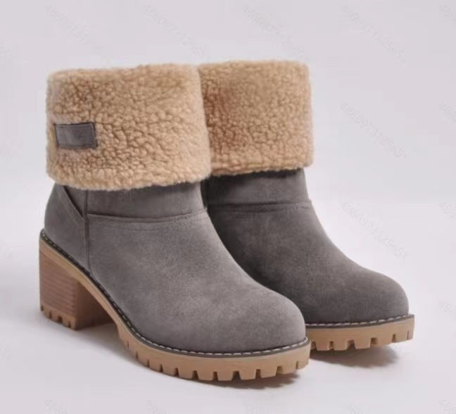 Damen Gefütterte Ankle-Boots mit Lammfell-Umschlag und profiliertem Blockabsatz Drune